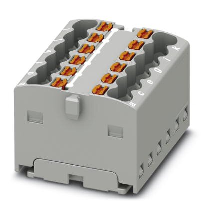 Phoenix Contact Finger-Safe Power Distribution Block; PTFIX 12X1.5-GGY; 17.5A; 12-Pole; Push-In Terminals; 1/1 Line/Load Terminal Openings; Adhesive Mount